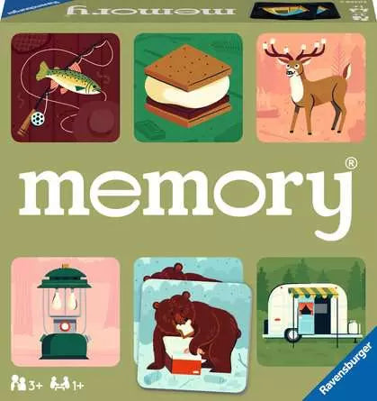 Memory: Great Outdoors game box with cover showing fish, smore, deer, lantern, bear, and camper trailer.