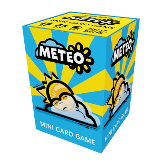 Meteo game box with blue background and weather-themed illustrations.