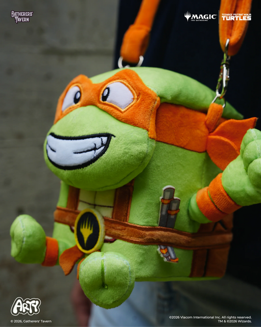 MTG ARTY Deck Box with Michelangelo from TMNT, orange mask, big grin, and adjustable strap.