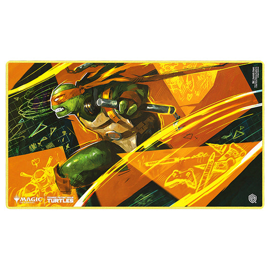 MTG playmat featuring Michelangelo from TMNT, anti-slip surface, officially licensed.