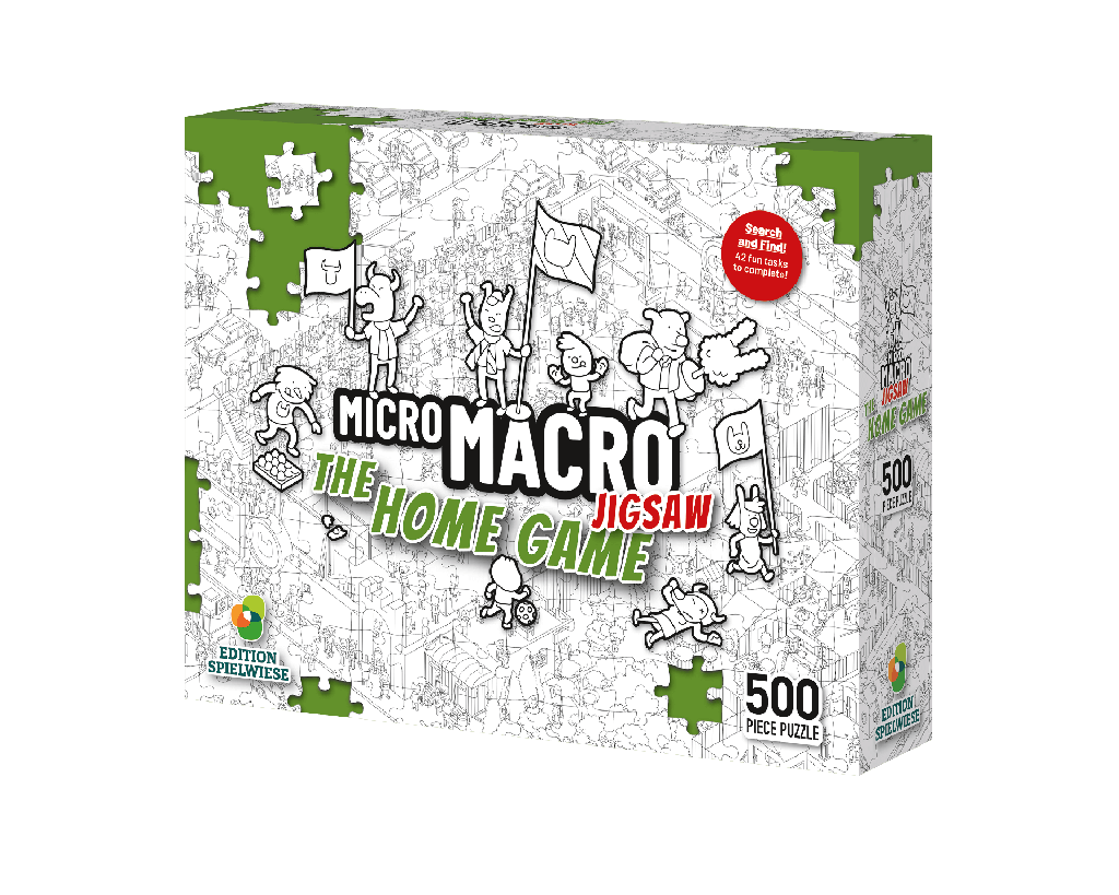 MicroMacro Jigsaw Puzzle: The Home Game, 500-piece detective puzzle with cartoon characters.