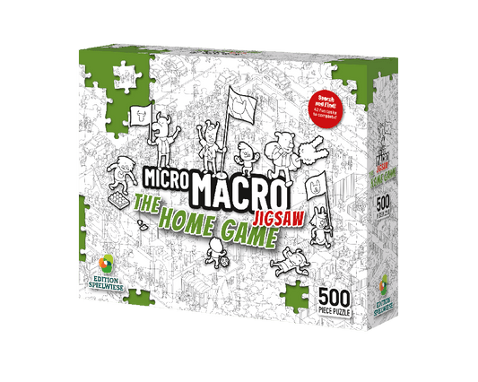 MicroMacro Jigsaw Puzzle: The Home Game, 500-piece detective puzzle with cartoon characters.