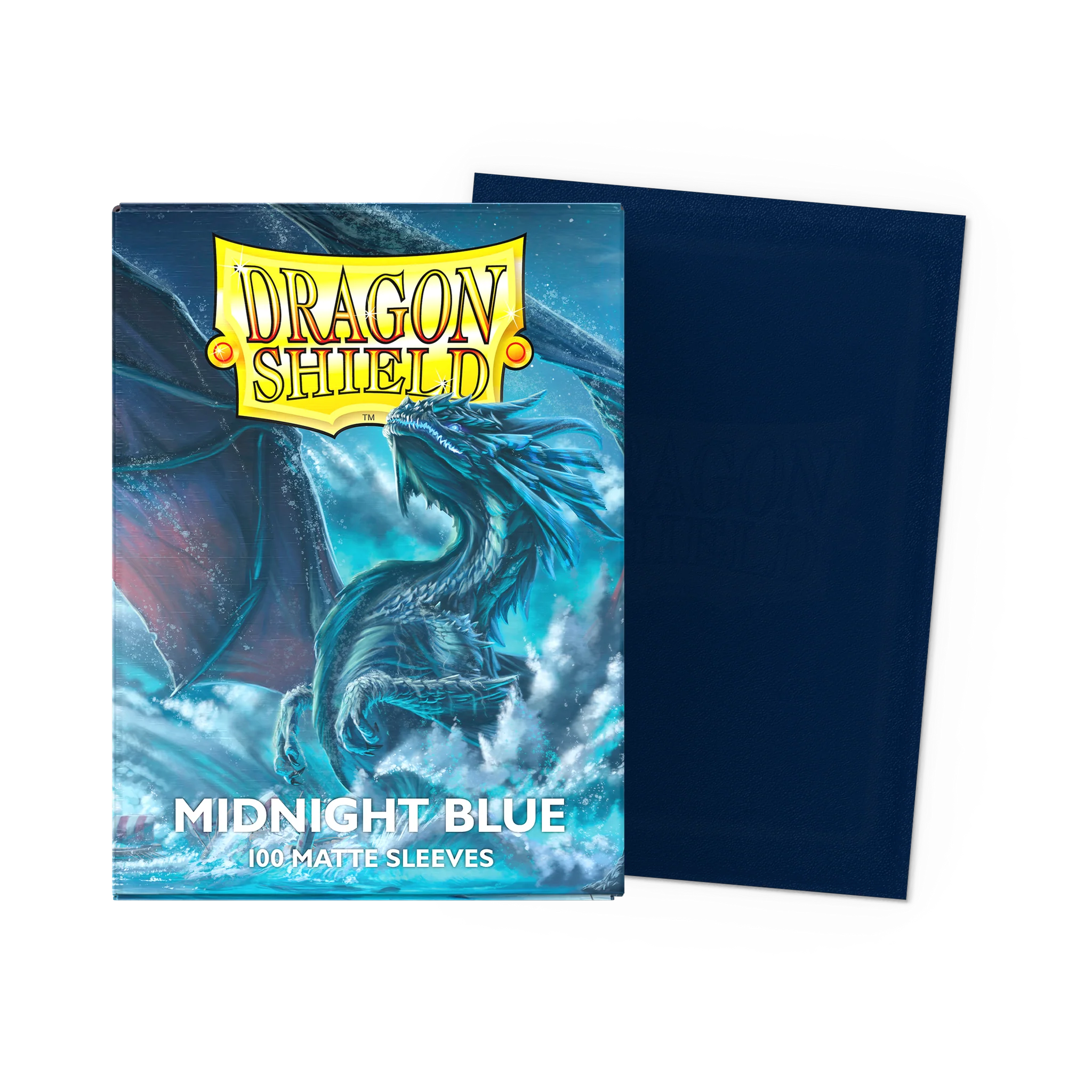 Dragon Shield Standard Sleeves, 100 count box, Midnight Blue Matte with blue dragon design.