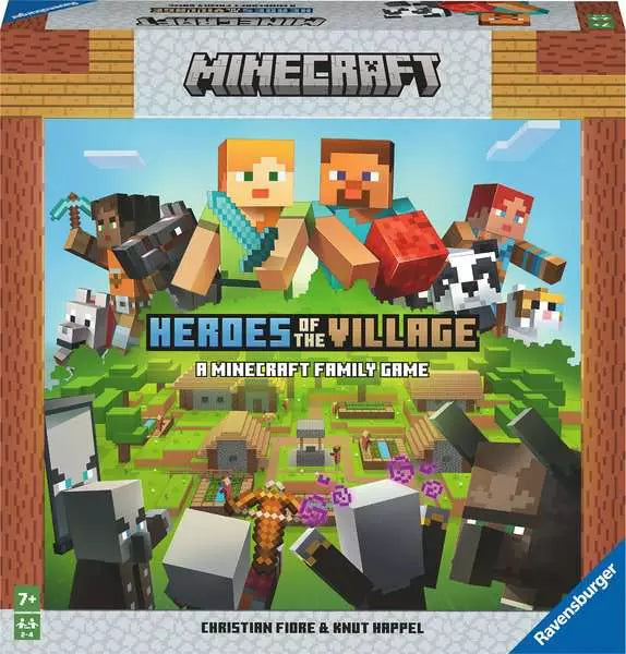 Minecraft: Heroes of the Village box art with characters defending a village from an illager raid.