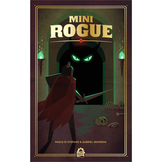 Mini Rogue board game featuring a knight with a sword and a green-eyed shadow monster on the cover.