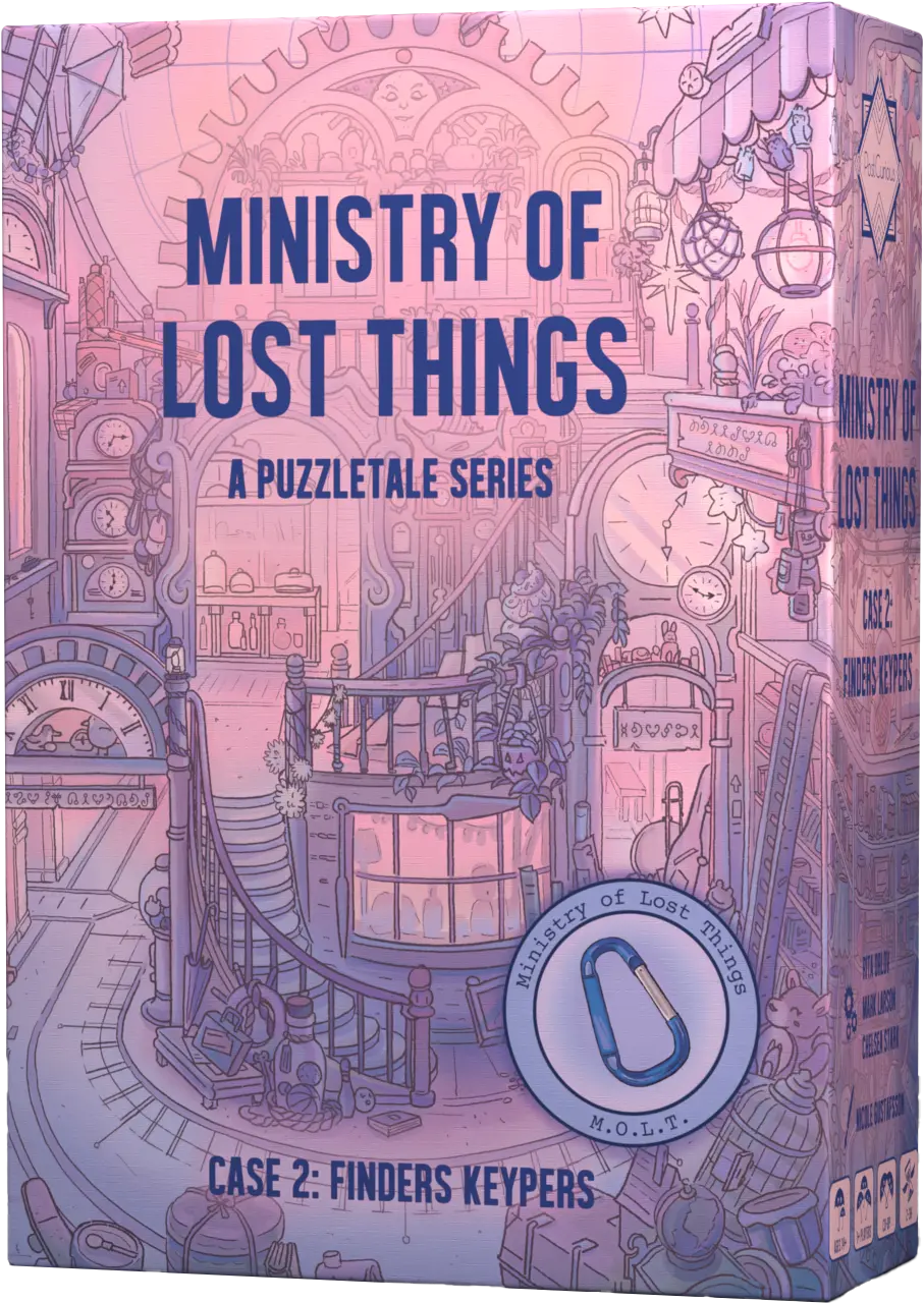 Ministry of Lost Things: Case 2: Finders Keypers box with pastel colors and puzzle-themed illustrations.
