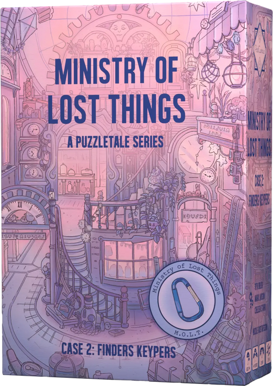 Ministry of Lost Things: Case 2: Finders Keypers box with pastel colors and puzzle-themed illustrations.