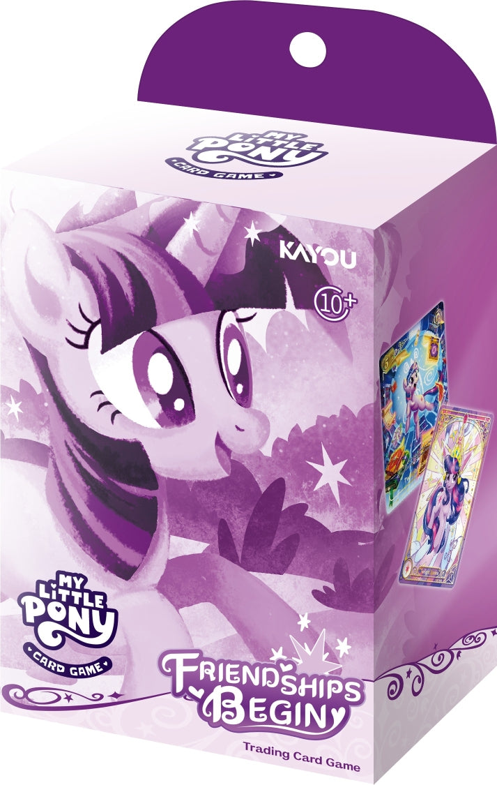 My Little Pony TCG: Friendships Begin Twilight Sparkle Starter Deck box and two sample trading cards.