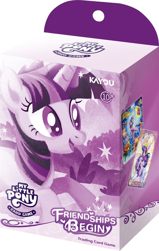 My Little Pony TCG: Friendships Begin Twilight Sparkle Starter Deck box and two sample trading cards.