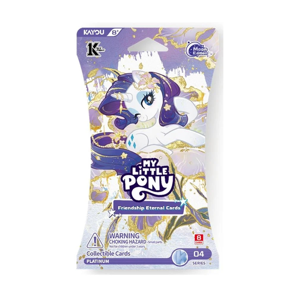 My Little Pony TCG: Friendship Eternal, Moon Edition Blister Pack Series 4, featuring a white pony with purple hair.