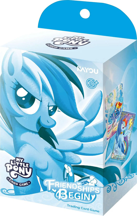 My Little Pony TCG: Friendships Begin Rainbow Dash Starter Deck with blue pony image and colorful trading cards on packaging.