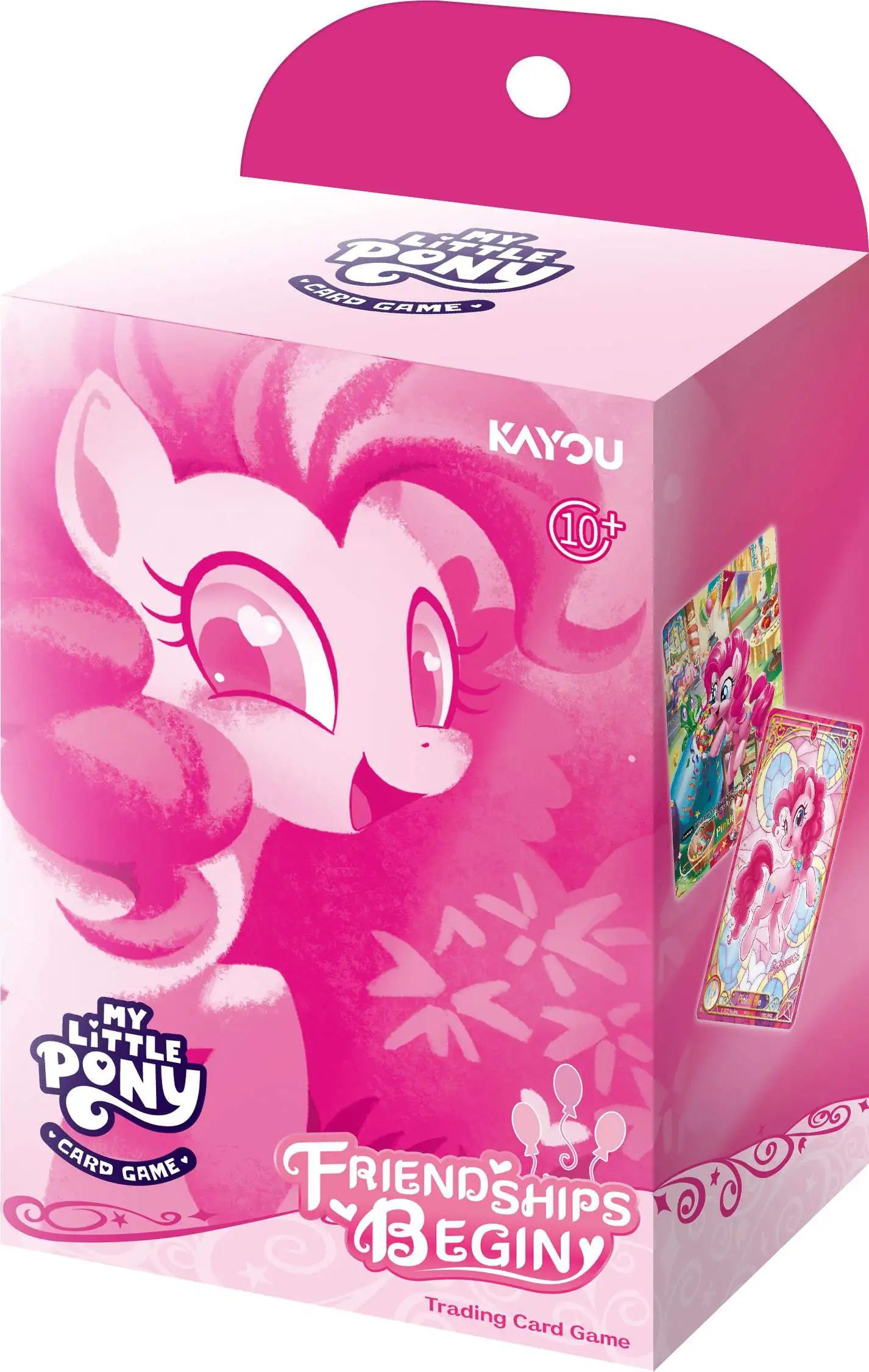 My Little Pony TCG Friendships Begin Pinkie Pie Starter Deck with trading cards and Pinkie Pie on the box.