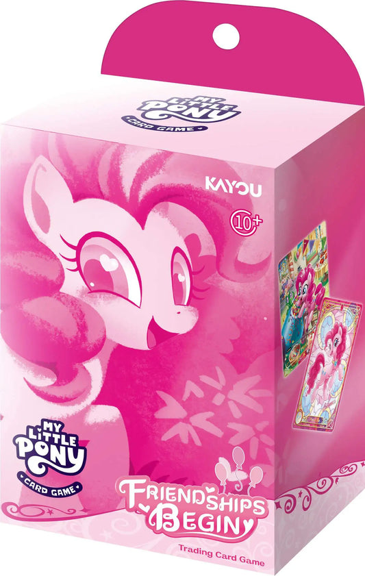 My Little Pony TCG Friendships Begin Pinkie Pie Starter Deck with trading cards and Pinkie Pie on the box.