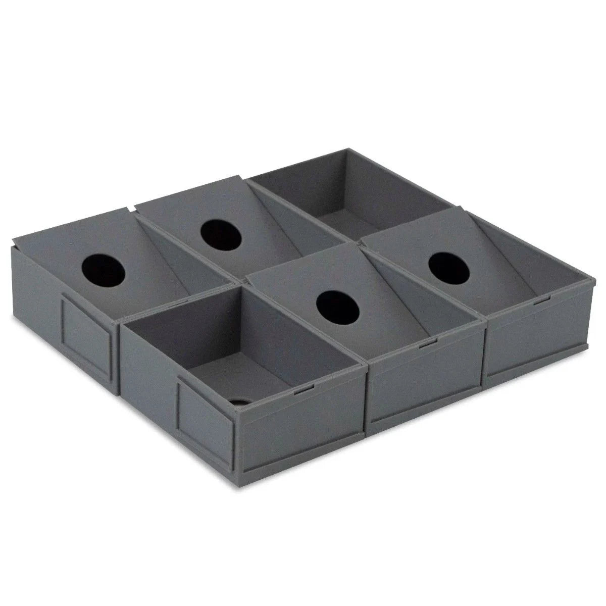 Six gray Modular Sorting Trays with round holes arranged in two rows.