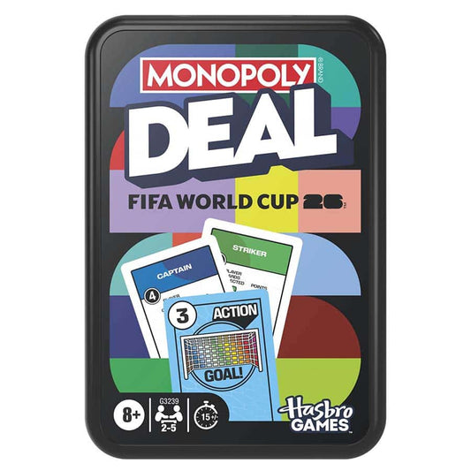 Monopoly Deal FIFA card game for ages 8+, includes colorful cards and Hasbro Games logo.