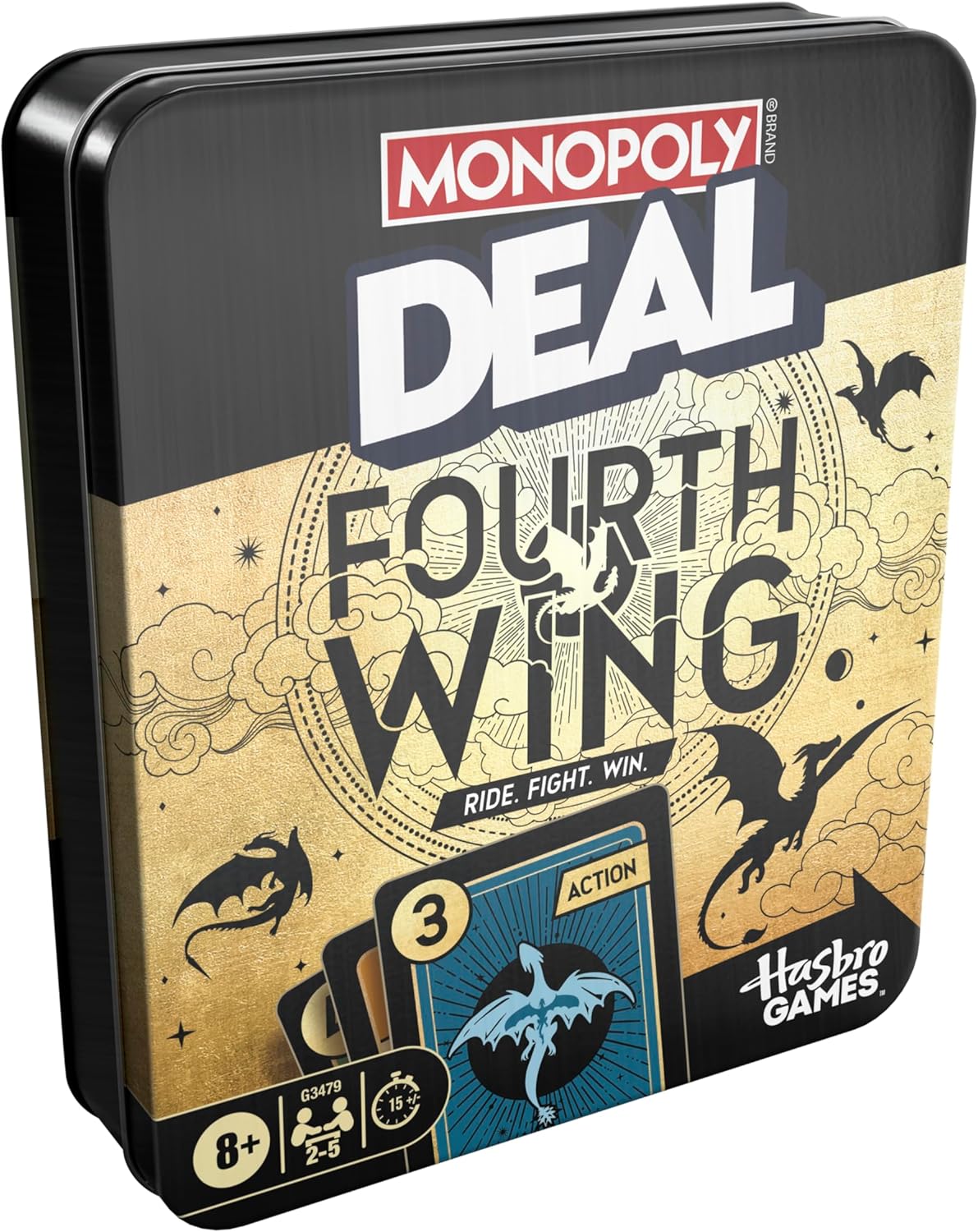 Monopoly Deal: Fourth Wing edition tin with Rebecca Yarros branding and exclusive cards visible on the cover.