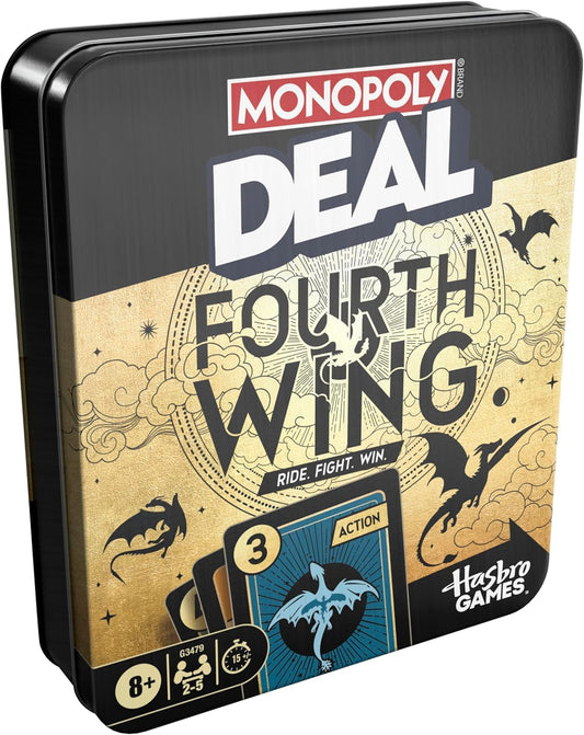 Monopoly Deal: Fourth Wing edition tin with Rebecca Yarros branding and exclusive cards visible on the cover.