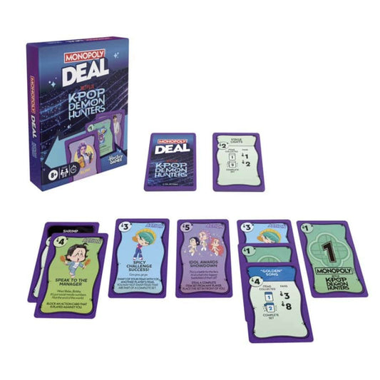 Monopoly Deal: K-Pop Demon Hunters card game with vibrant, K-pop themed cards.