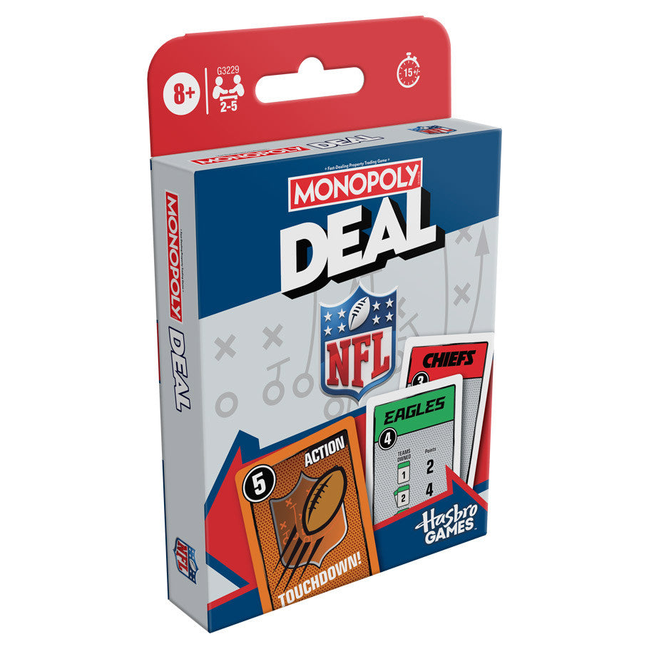 Monopoly Deal NFL card game featuring Eagles and Chiefs cards, for ages 8 and up.
