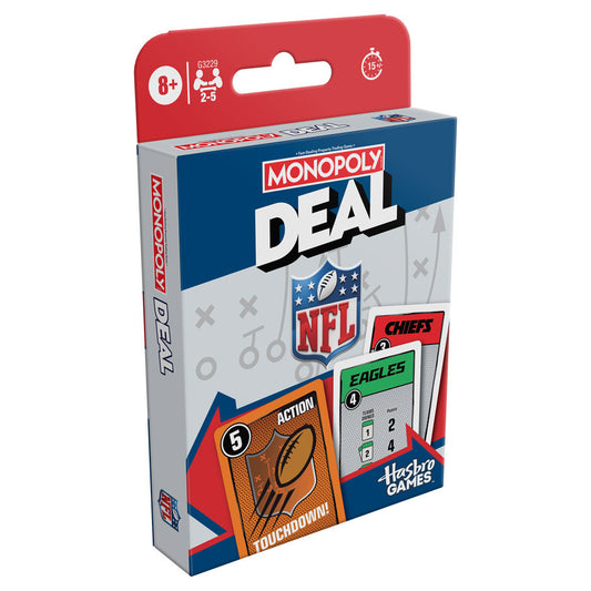Monopoly Deal NFL card game featuring Eagles and Chiefs cards, for ages 8 and up.