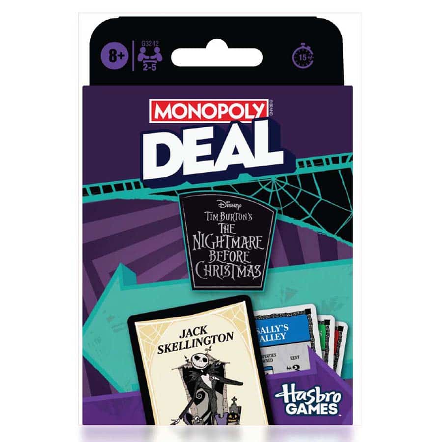 Monopoly Deal card game, Nightmare Before Christmas edition featuring Jack Skellington on the cover.
