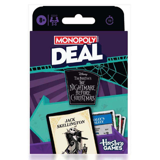 Monopoly Deal card game, Nightmare Before Christmas edition featuring Jack Skellington on the cover.