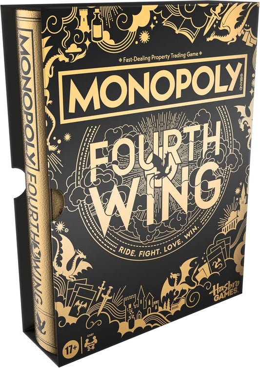 Monopoly: Fourth Wing edition with gold and black fantasy art, dragon tokens, Basgiath War College theme.