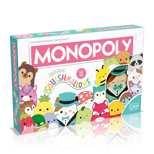 MONOPOLY Original Squishmallows Collector’s Edition box with Cam the Cat plush, for ages 8 and up.