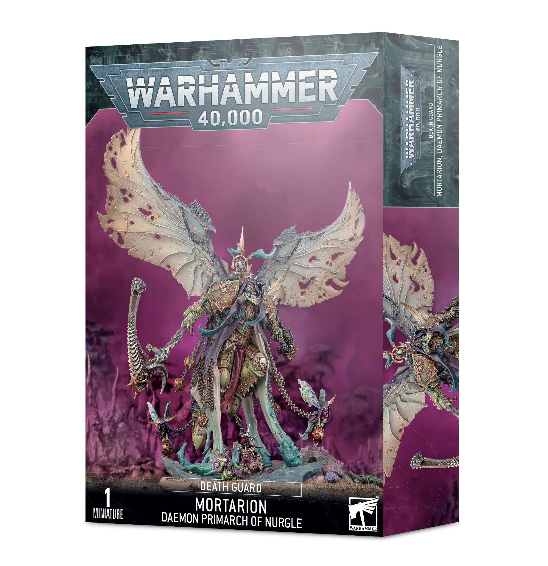 Warhammer 40,000 Death Guard Mortarion Daemon Primarch of Nurgle box with painted miniature artwork.