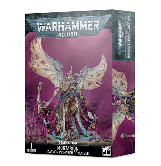 Warhammer 40,000 Death Guard Mortarion Daemon Primarch of Nurgle box with painted miniature artwork.