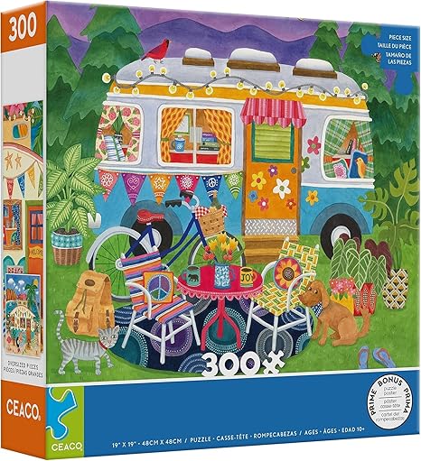 Mountain Camper 300 Piece Puzzle featuring a camper van, dog, cat, bike, and furniture.