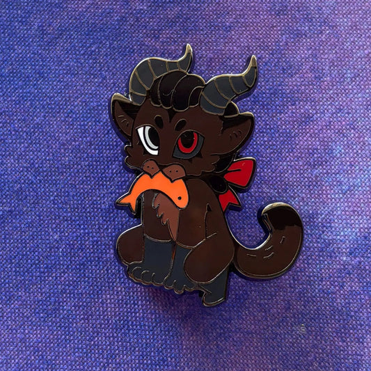 BG3 Cat Companion Pin showing a horned black cat with red bow and fish on a purple background.