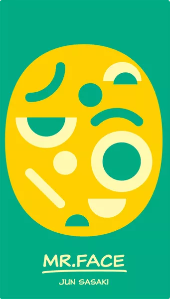 Mr. Face party game by Jun Sasaki, featuring a yellow abstract face on green packaging with geometric shapes.