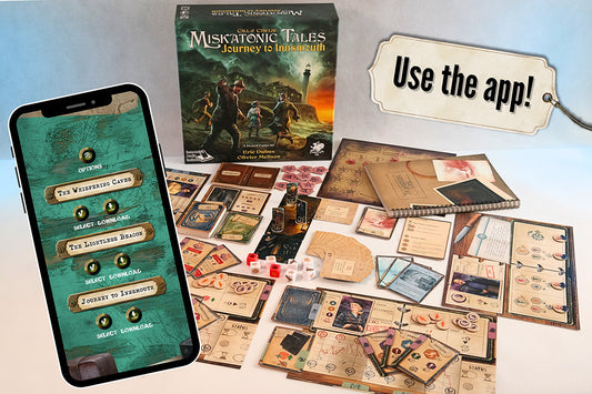 Miskatonic Tales: Journey to Innsmouth cooperative adventure board game with cards, tokens, dice, and app integration.