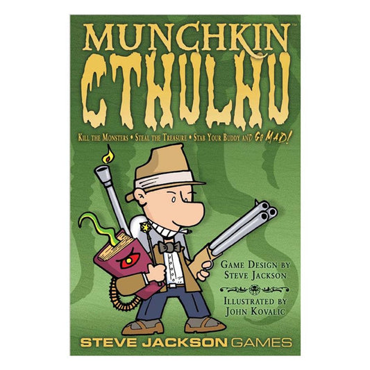 Munchkin Cthulhu game cover featuring cartoon detective with shotgun and tentacle book on green background.