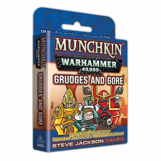 Munchkin Warhammer 40,000: Grudges and Gore game box featuring Leagues of Votann cartoon warriors.