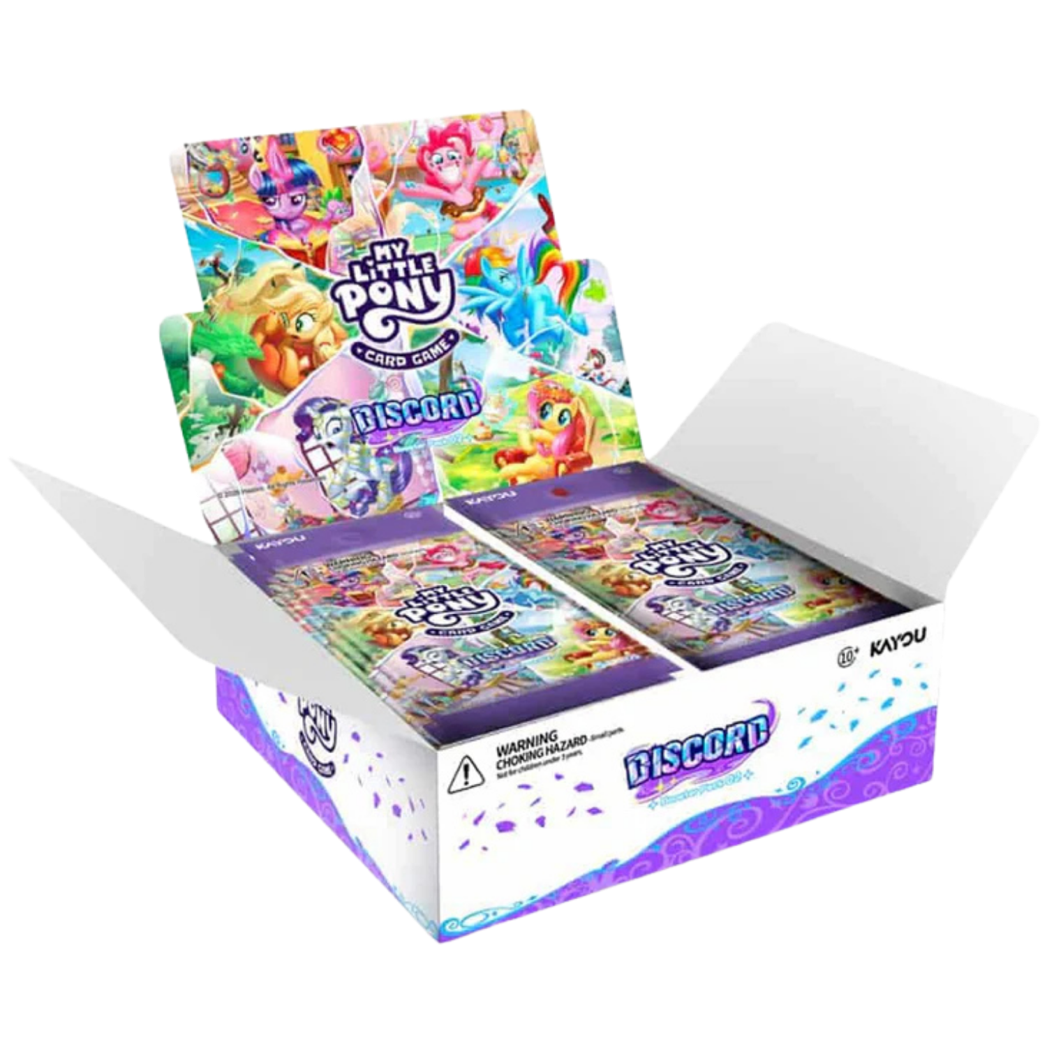 My Little Pony TCG: Discord Booster Display opened to show collectible trading cards with character art.