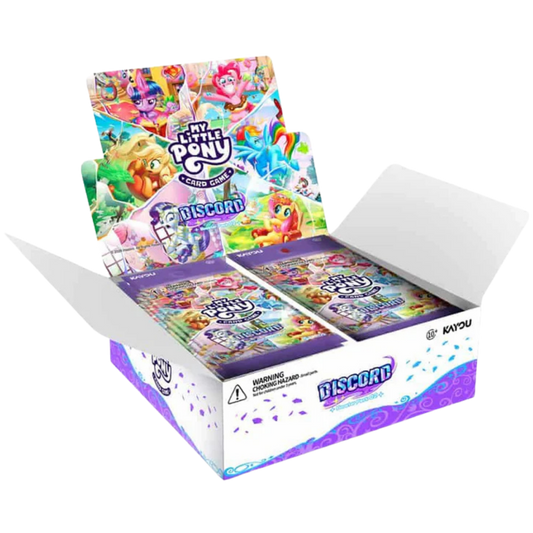 My Little Pony TCG: Discord Booster Display opened to show collectible trading cards with character art.