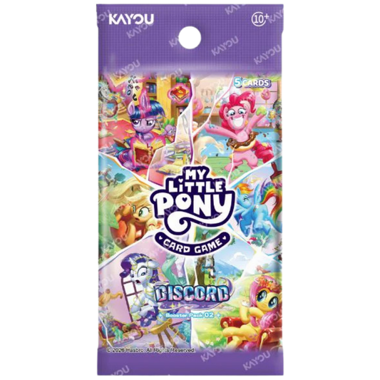 My Little Pony TCG: Discord Booster Display with collectible pony cards.