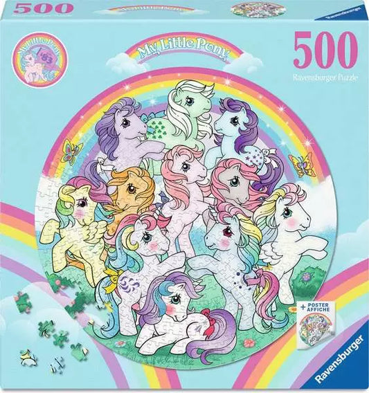 My Little Pony 500-piece round puzzle with characters and cutie marks arranged in a rainbow circle.