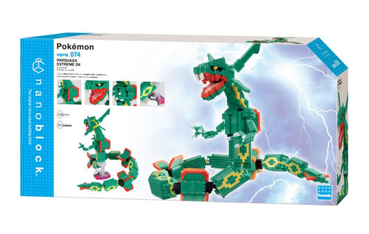 Pokemon Nanoblock Rayquaza Extreme Deluxe Edition box showing built green dragon model on front.