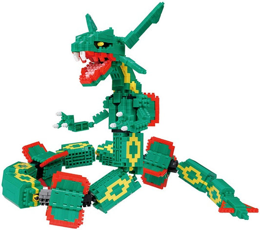 Pokemon Nanoblock Rayquaza Extreme Deluxe Edition toy in green, red, and yellow, coiled with mouth open.