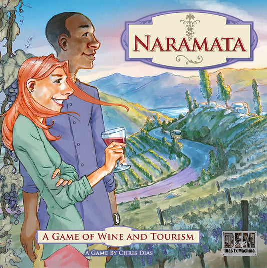 Naramata: A Game of Wine and Tourism board game with a couple holding wine glasses in front of vineyards.