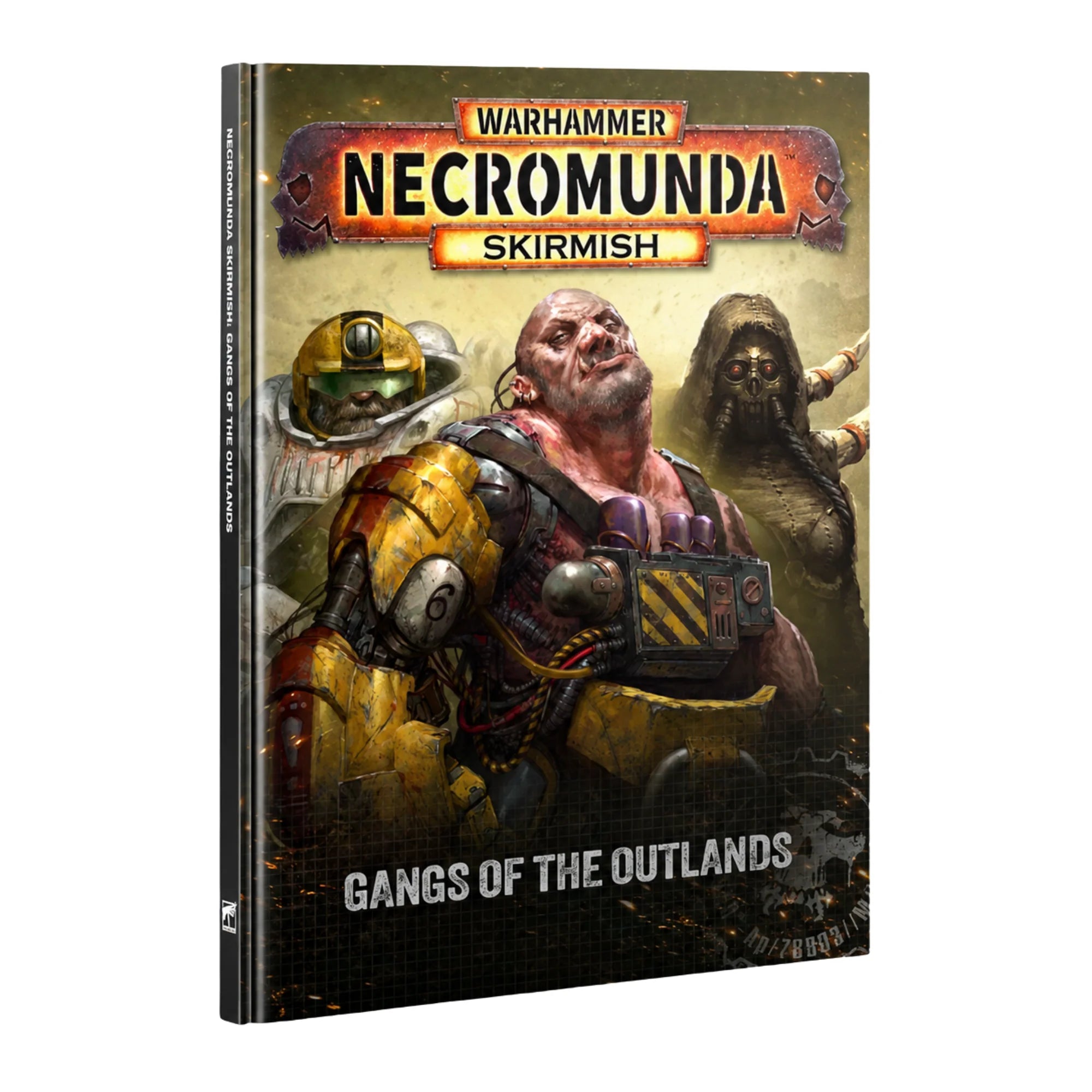 Necromunda: Gangs of the Outlands book cover with three armored Outcast Gangs and the title visible.