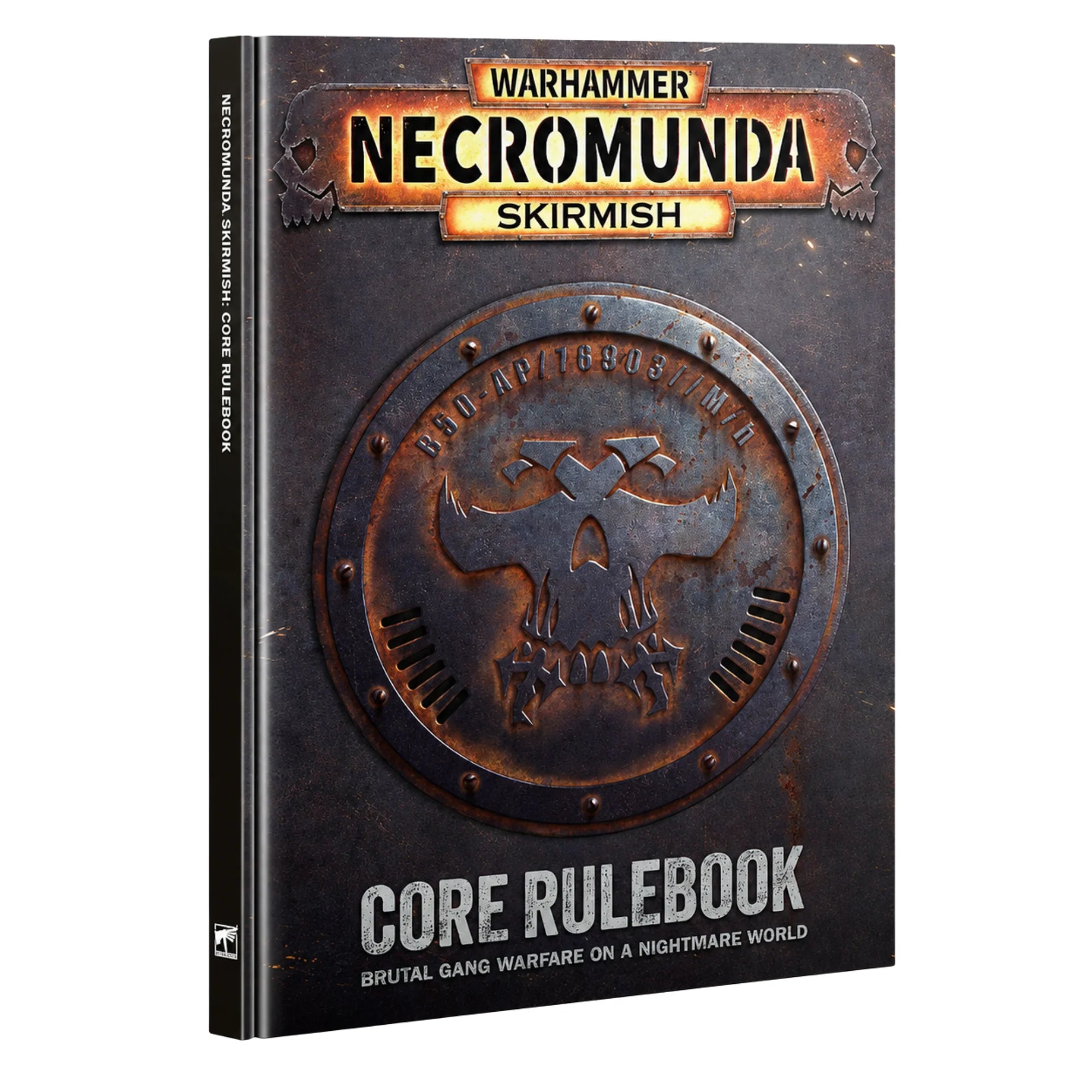 Necromunda - Skirmish Core Rulebook with metallic cover, logo, and campaign system.