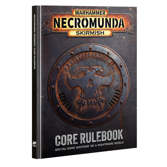 Necromunda - Skirmish Core Rulebook with metallic cover, logo, and campaign system.