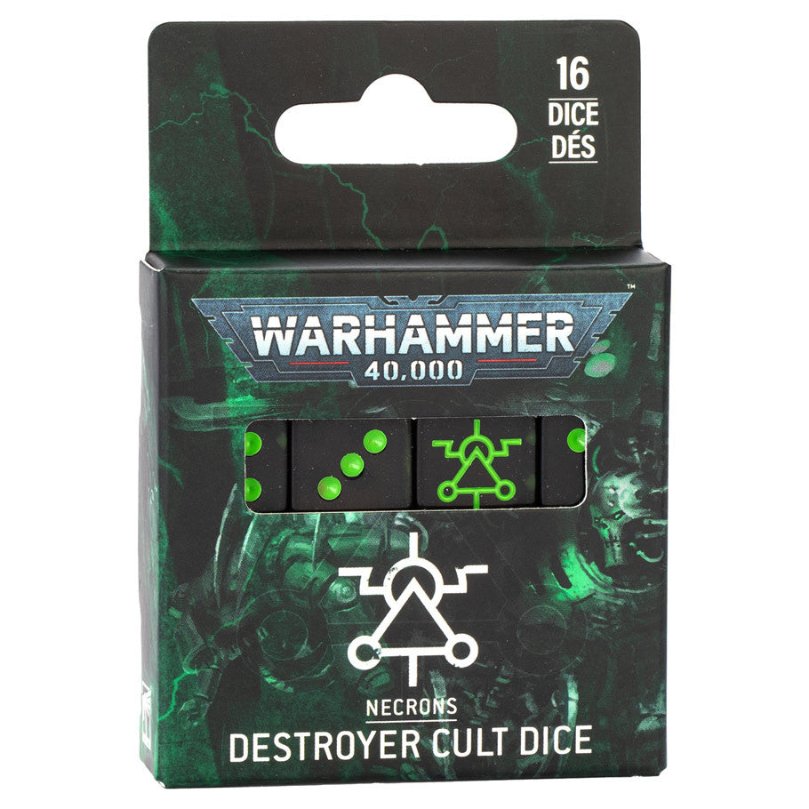 Warhammer 40,000 Necrons Destroyer Cult Dice pack, 16 black gem-effect dice with Nekrosor icon.
