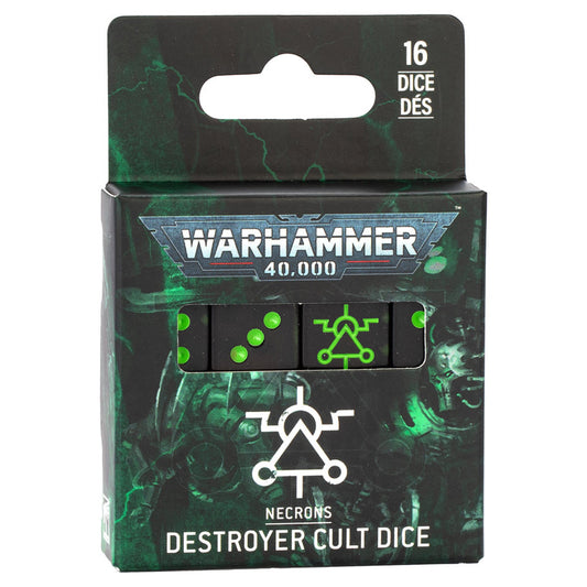 Warhammer 40,000 Necrons Destroyer Cult Dice pack, 16 black gem-effect dice with Nekrosor icon.