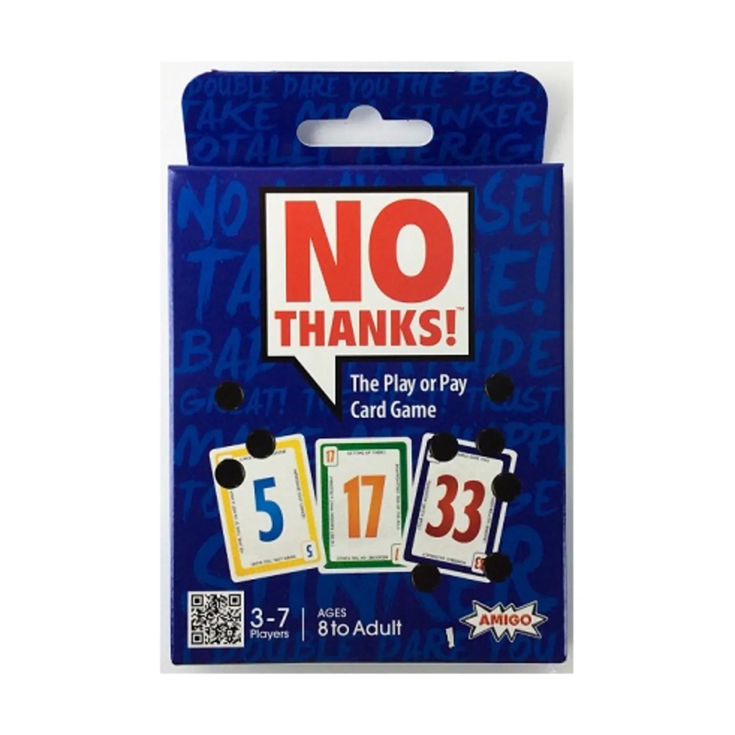 No Thanks Hangtag Edition card game, blue box with cards numbered 5, 17, and 33; for 3-7 players ages 8+.