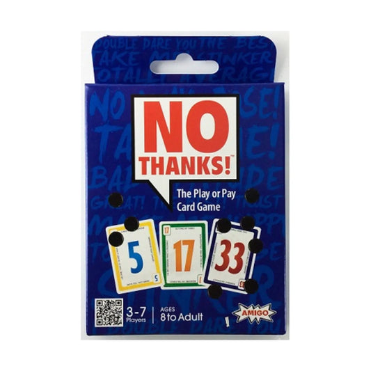 No Thanks Hangtag Edition card game, blue box with cards numbered 5, 17, and 33; for 3-7 players ages 8+.